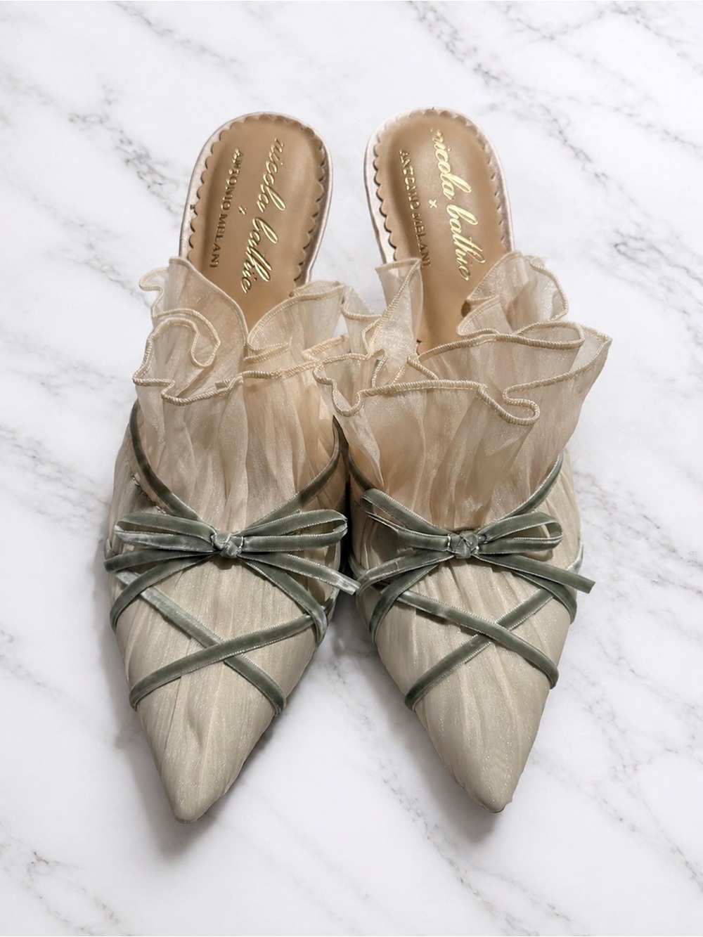 ANTONIO MELANI Cream Satin Ruffle Mule with Sage Bow - Picture 2 of 5